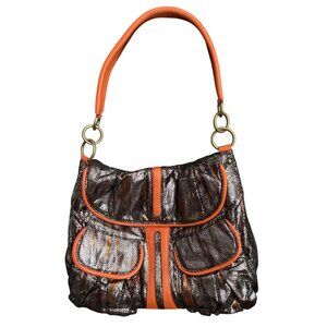 Malini Murjani Exotic Collection Leather Trim Metallic Orange Black Shoulder Bag